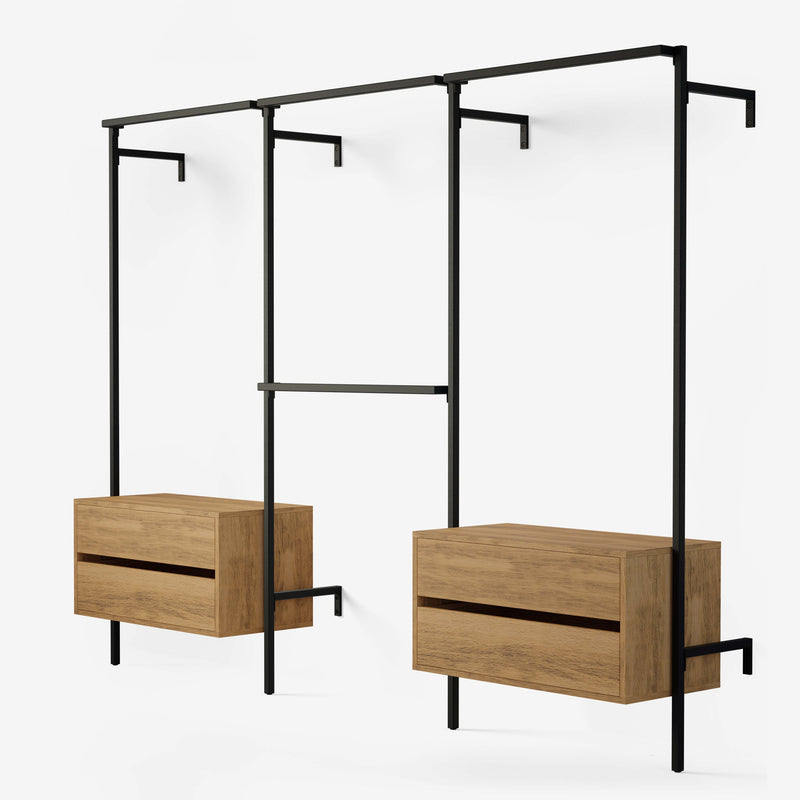 Walk in system with 2 classic oak chests of drawers and 4 hanging rails to hang clothes on. For both short and long.