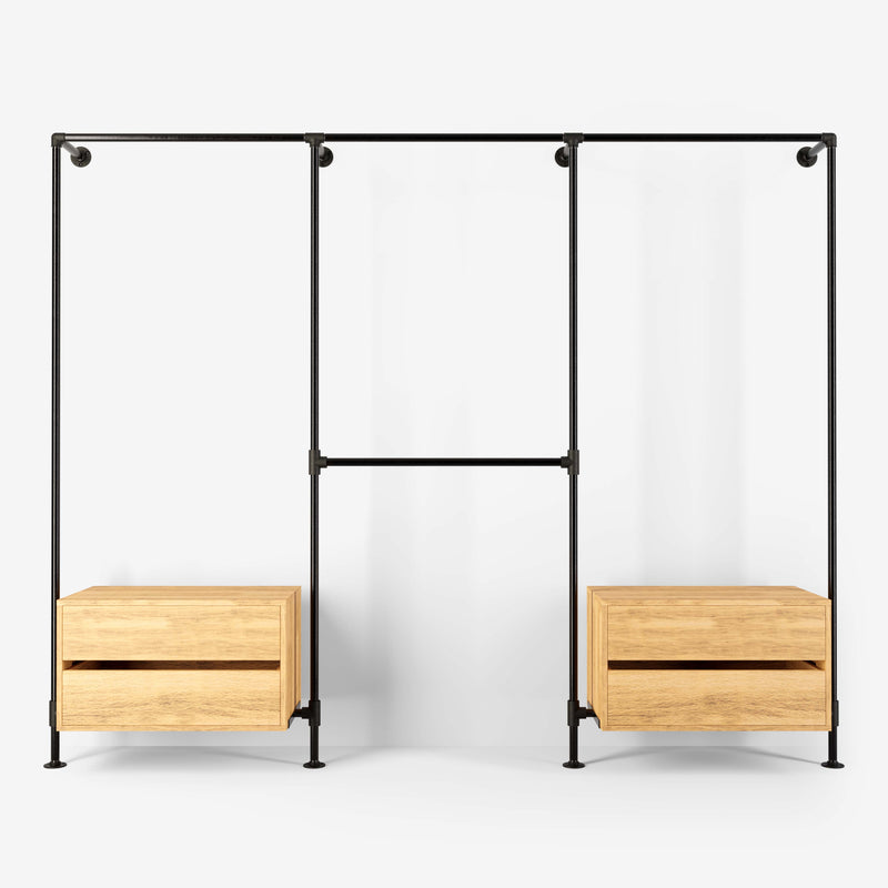 Walk-in wardrobe in tree rows with two dressers and four rails made with dark pipes and classic oak