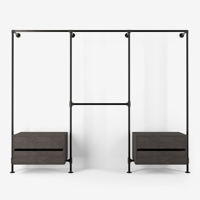 Walk-in wardrobe in tree rows with two dressers and four rails made with dark pipes and dark pine