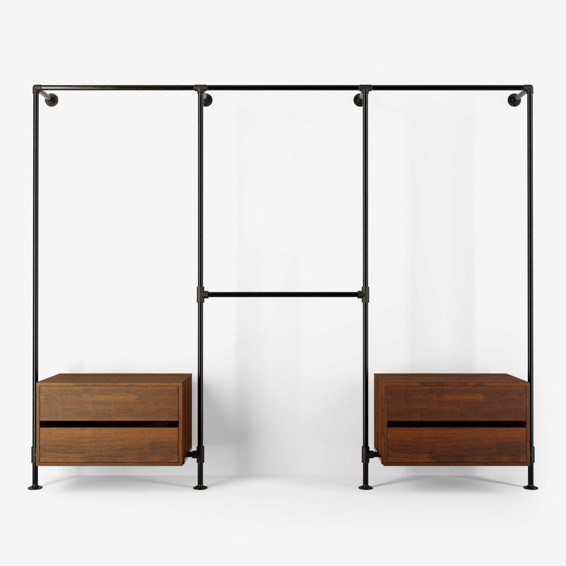 Walk-in wardrobe in tree rows with two dressers and four rails made with dark pipes and smoked oak
