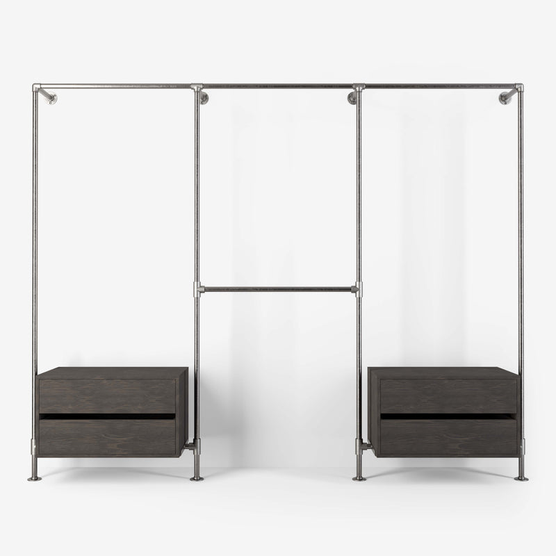 Walk-in wardrobe in tree rows with two dressers and four rails made with silver pipes and dark pine