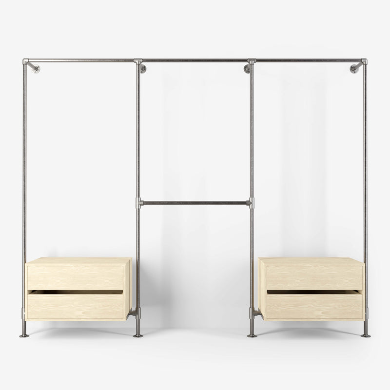 Walk-in wardrobe in tree rows with two dressers and four rails made with silver pipes and light pine
