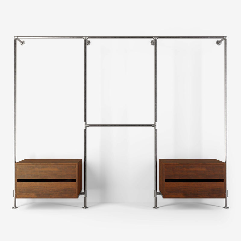 Walk-in wardrobe in tree rows with two dressers and four rails made with silver pipes and smoked oak
