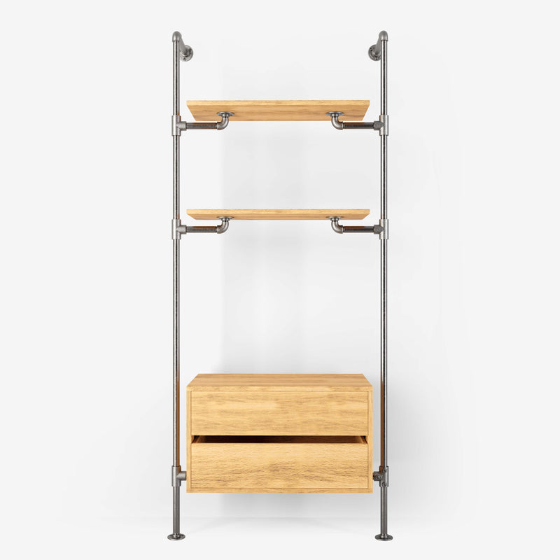 Walk-in wardrobe with two shelves and one dresser made with silver pipes and classic oak